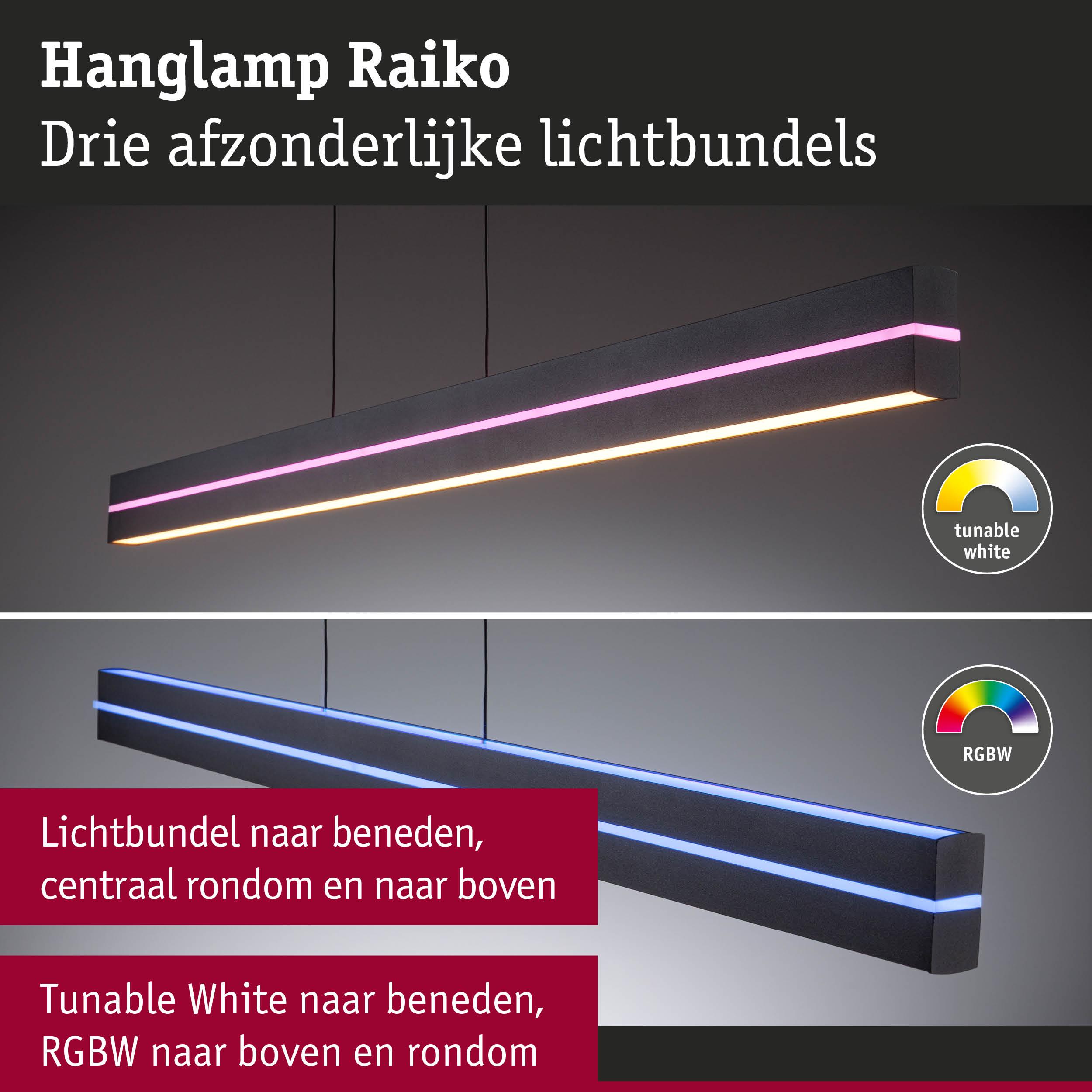 Raiko zwarte hanglamp met drie aparte lichtbundels en RGBW plus instelbaar wit licht