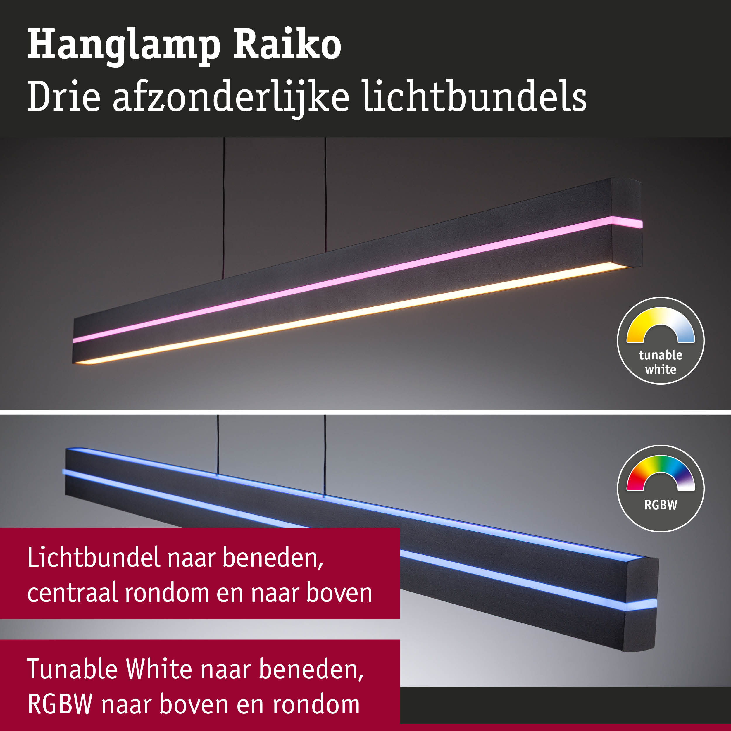Moderne zwarte LED-hanglamp Raiko met drie lichtbundels en instelbaar wit en RGBW-licht
