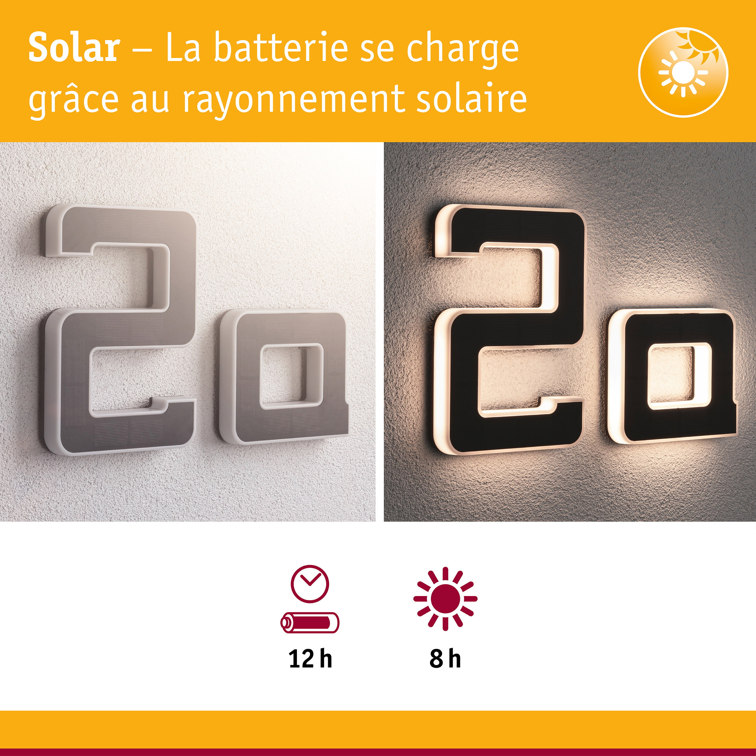 Numéro de maison solaire avec éclairage LED en gris et noir, éclairage extérieur économique