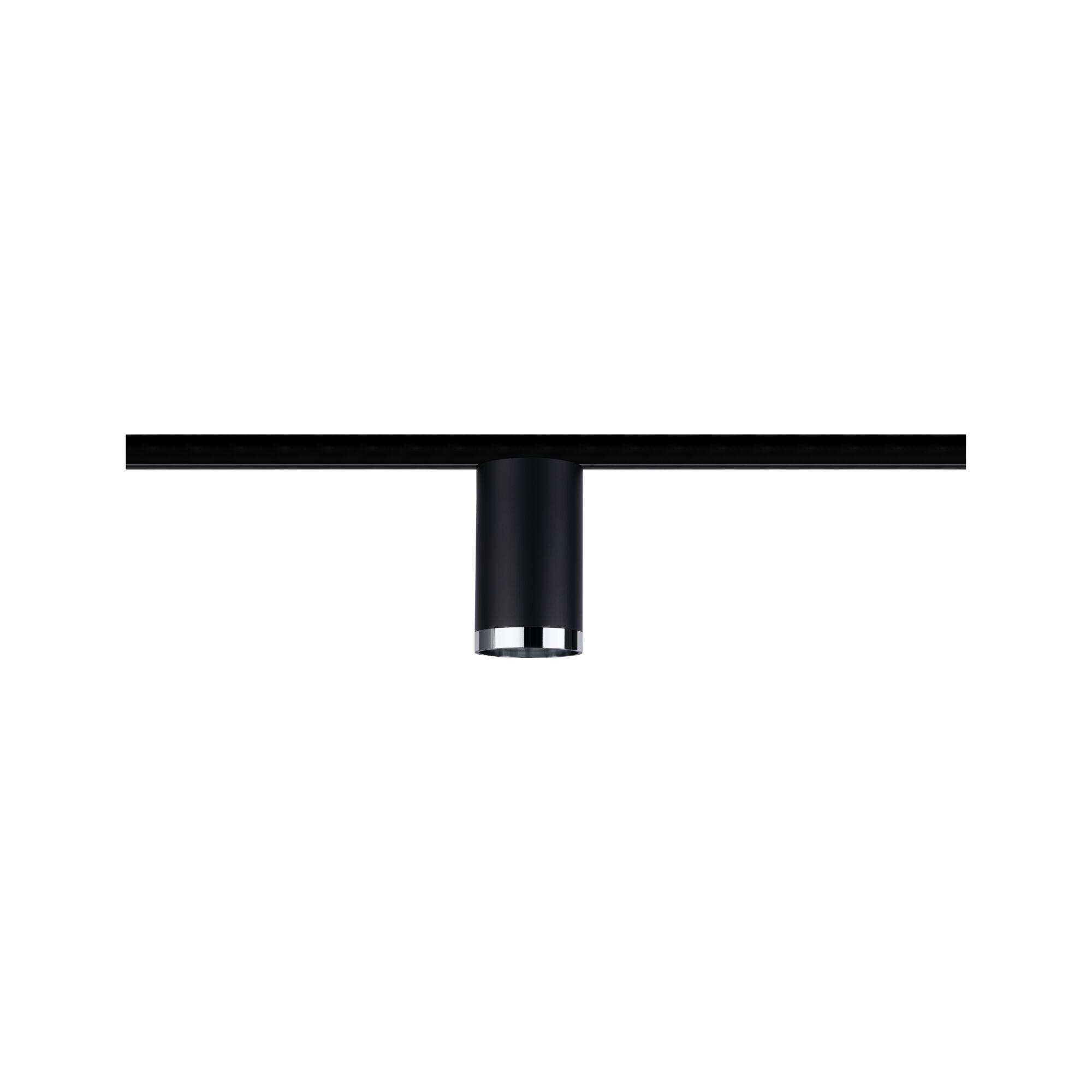 Black metal LED ceiling light with cylindrical design and chrome accent for modern interiors