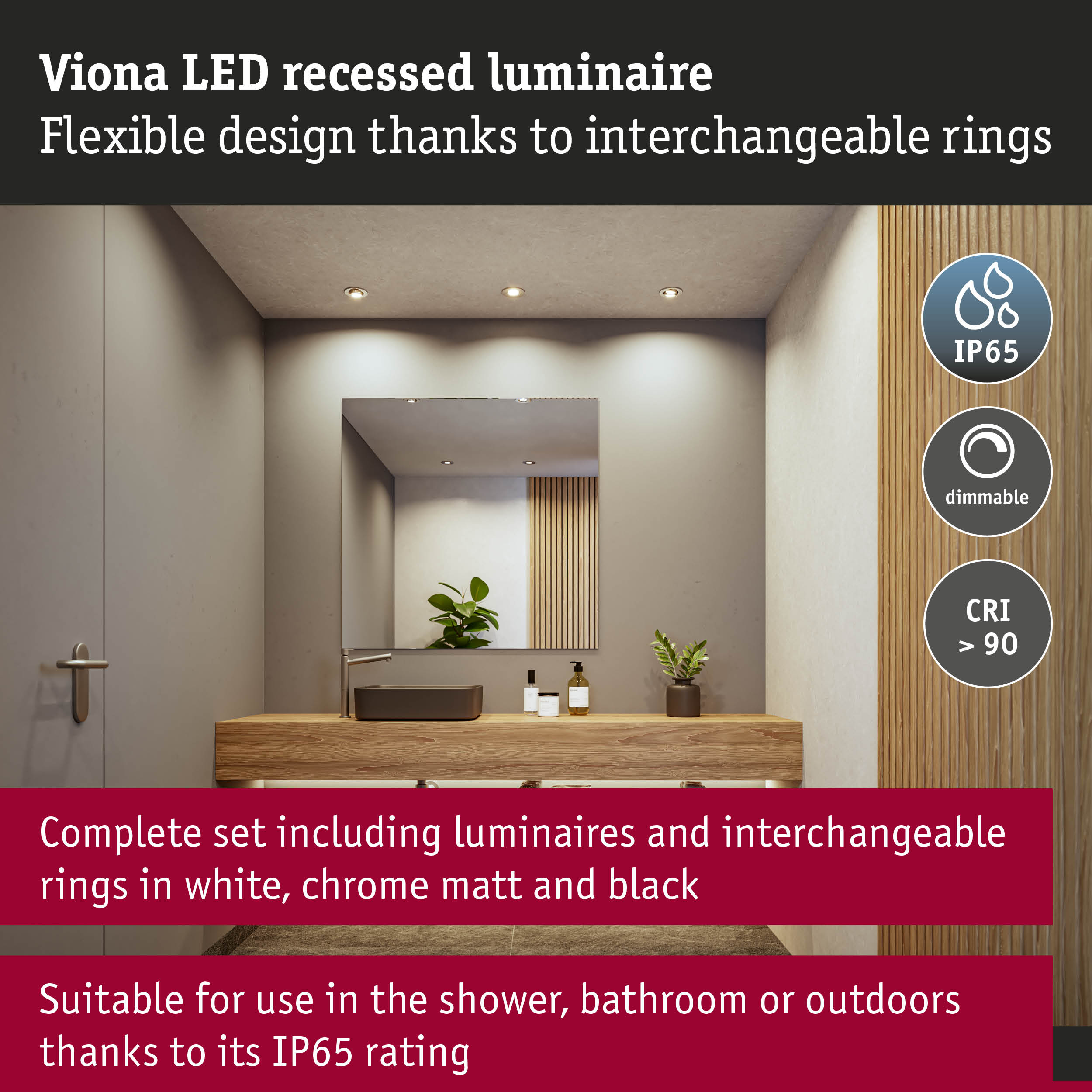 Viona LED recessed luminaire with interchangeable rings in white, matte chrome and black, IP65 rated