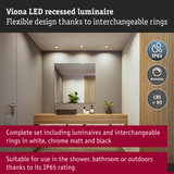 Viona LED recessed luminaire with interchangeable rings in white, matte chrome and black, IP65 rated