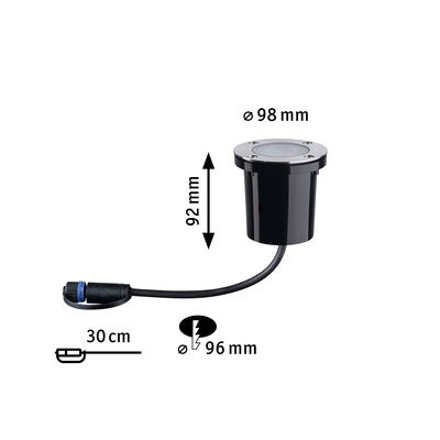 Sort indbygningslampe med rustfrit stålring, 98 mm diameter, 92 mm højde, 30 cm kabel til udendørsbelysning