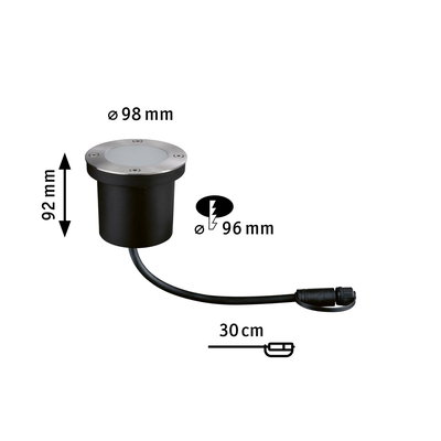 Spot encastré au sol noir avec bord en acier inoxydable, diamètre 98 mm, hauteur 92 mm, éclairage LED extérieur