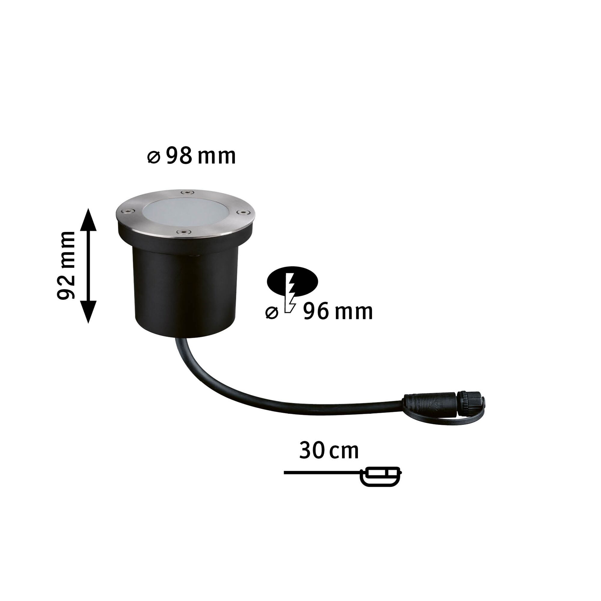 Black recessed floor light with stainless steel rim, 98 mm diameter, 92 mm height, LED outdoor lighting