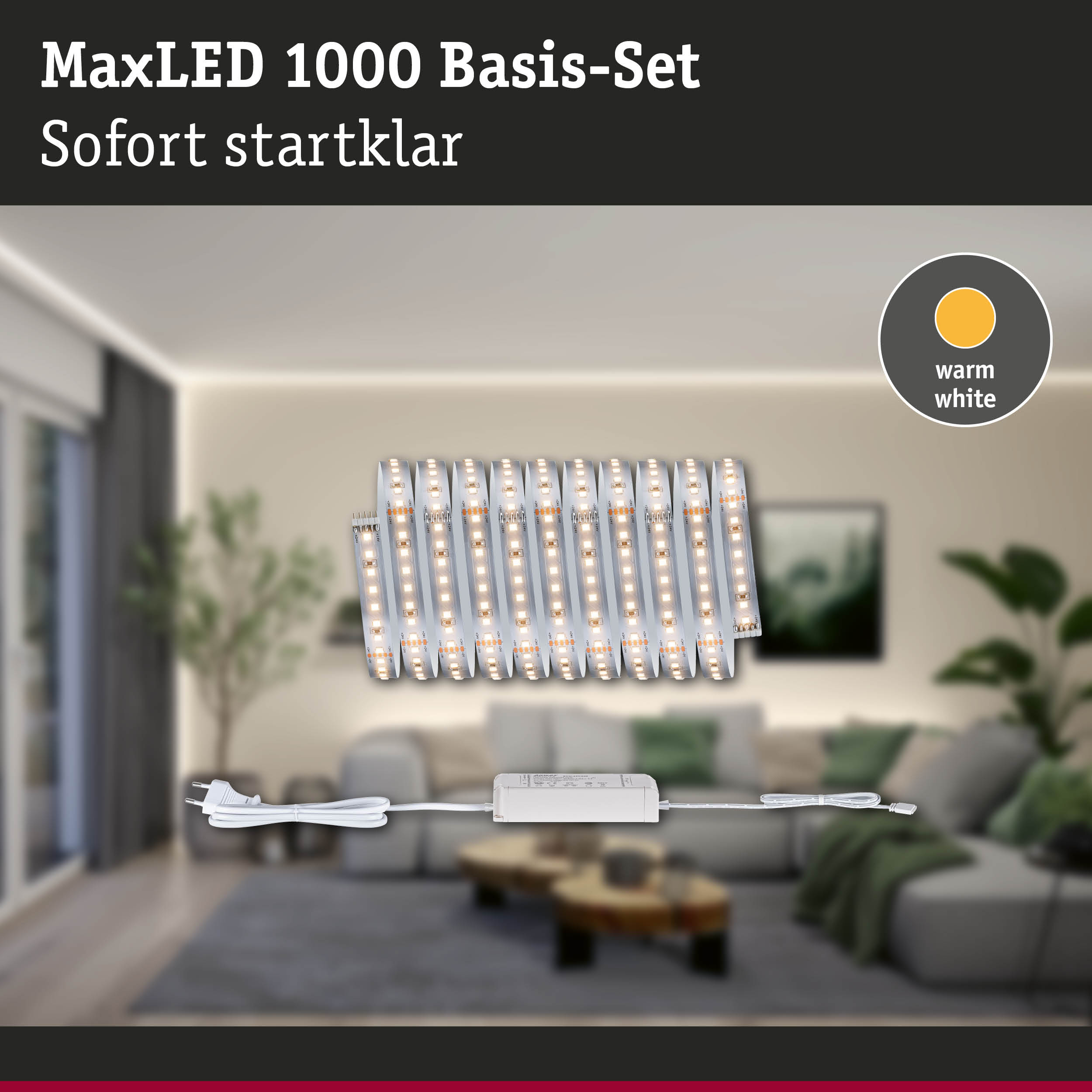 MaxLED 1000 Basis-Set mit warmweißen LED-Streifen und Netzteil für einfache Raumbeleuchtung
