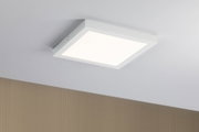 Square white metal LED ceiling light with warm white illumination for modern interiors