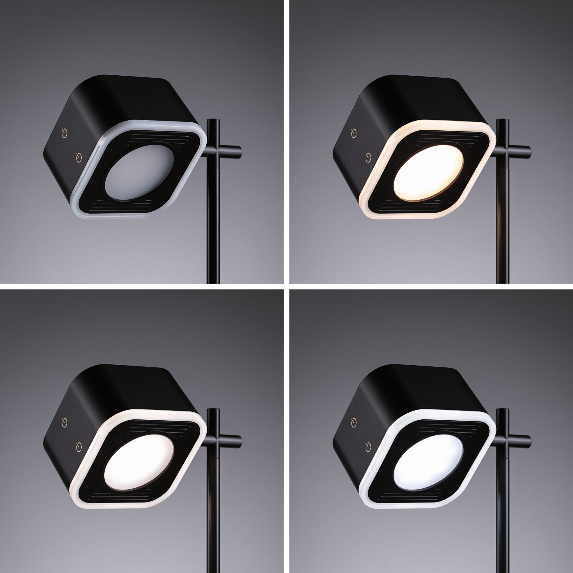 Black LED floor lamp with square head and adjustable light colors for modern interior lighting.