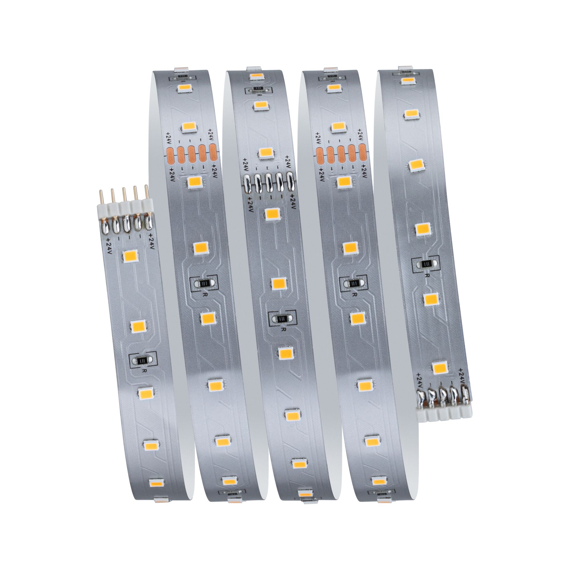 Flexibler LED-Streifen in Silber mit gelben LEDs für energiesparende Beleuchtung und Lichtdesign.