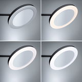 Four views of a round LED ceiling light with black frame and adjustable light color
