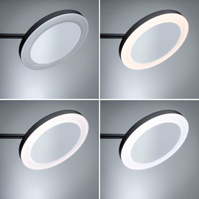 Quatre vues d'un plafonnier LED rond avec cadre noir et couleur de lumière réglable