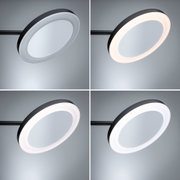 Vier Ansichten einer runden LED-Deckenleuchte mit schwarzem Rahmen und variabler Lichtfarbe