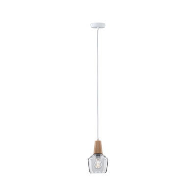Modern pendant light with clear glass and wood accents, energy-saving LED lighting for living spaces