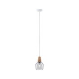 Moderne Pendelleuchte mit klarem Glas und Holzdetails, energiesparende LED-Beleuchtung für Wohnräume