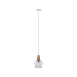 Moderne Pendelleuchte mit klarem Glas und Holzdetails, energiesparende LED-Beleuchtung für Wohnräume