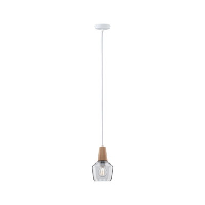 Moderne hanglamp met helder glas en houten accenten, energiezuinige LED-verlichting voor woonruimtes