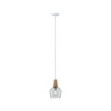 Modern pendant light with clear glass and wood accents, energy-saving LED lighting for living spaces