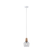 Pendant lamp with clear glass and natural wood top, modern lighting for living spaces