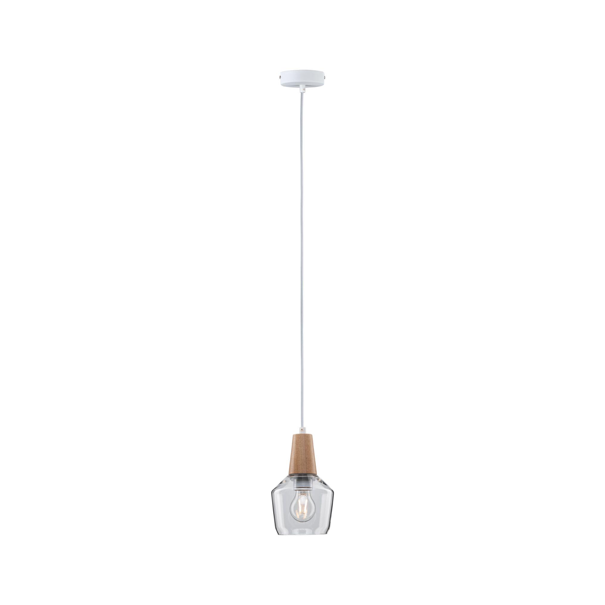Pendant lamp with clear glass and natural wood top, modern lighting for living spaces