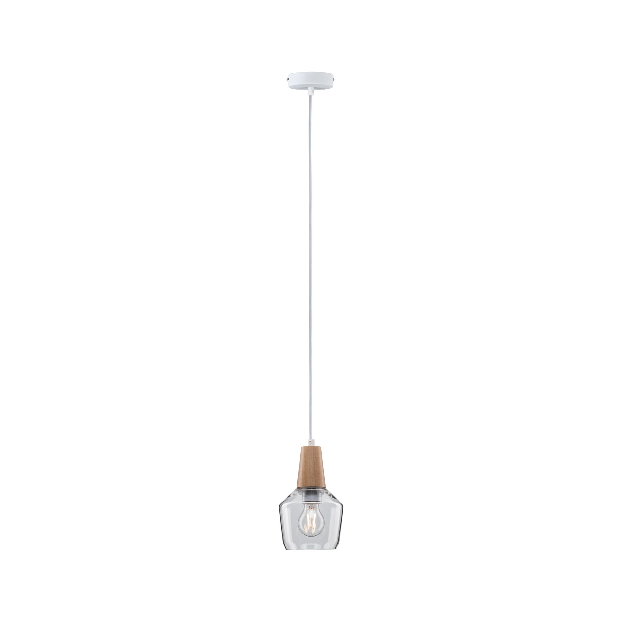 Lampa wisząca z przezroczystym kloszem i drewnianym elementem, nowoczesny styl do salonu