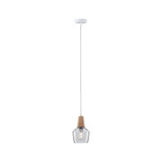 Lampa wisząca z przezroczystym kloszem i drewnianym elementem, nowoczesny styl do salonu