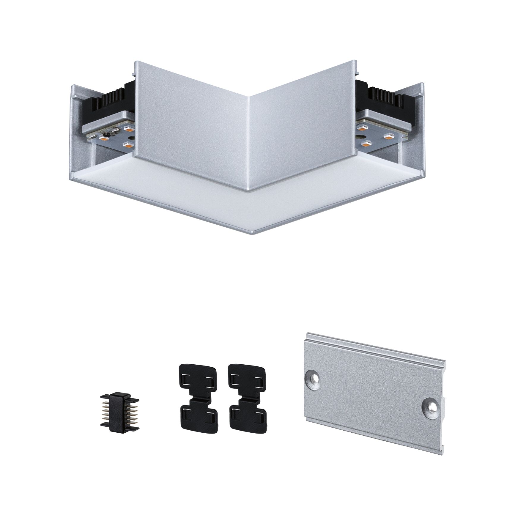 Silver aluminum corner connector with LED module and accessories for LED track lighting.