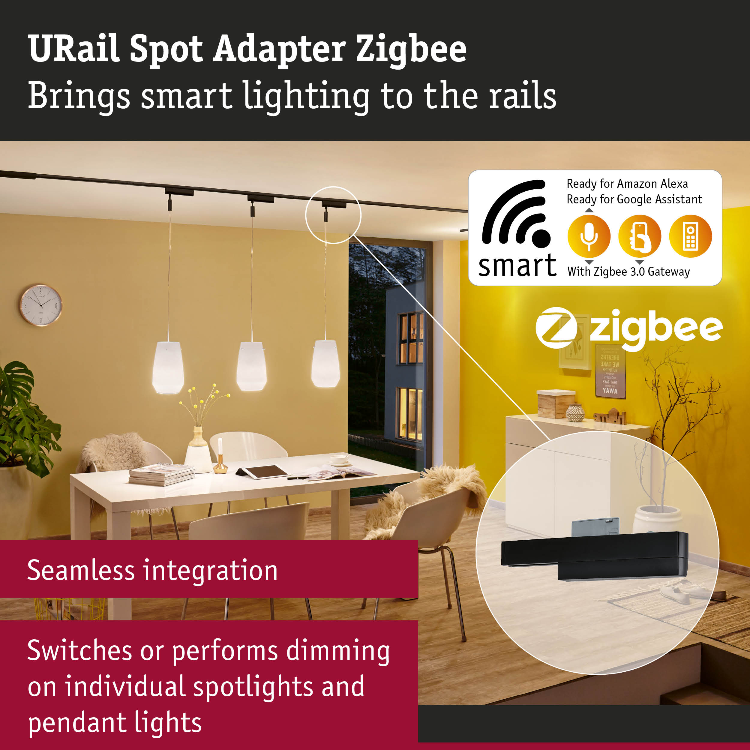 Black URail Spot Adapter Zigbee for smart lighting control compatible with Amazon Alexa and Google Assistant