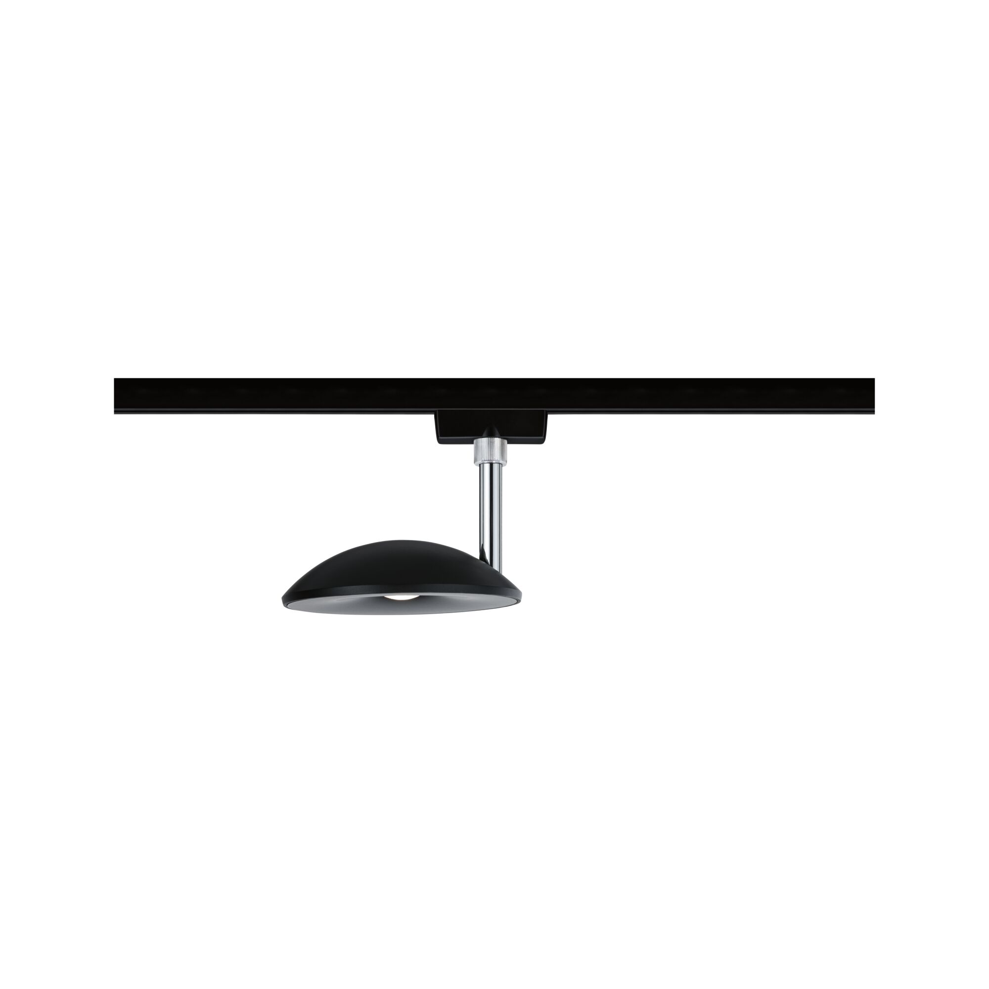 Schwarze LED-Spotleuchte mit silbernem Stab an schwarzer Schiene, moderne Schienenbeleuchtung