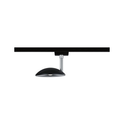 Schwarze LED-Spotleuchte mit silbernem Stab an schwarzer Schiene, moderne Schienenbeleuchtung