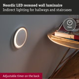 Neordic white LED recessed wall light with indirect lighting for hallways and stairs featuring adjustable timer