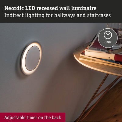 Neordic white LED recessed wall light with indirect lighting for hallways and stairs featuring adjustable timer