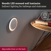 Neordic white LED recessed wall light with indirect lighting for hallways and stairs featuring adjustable timer