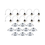 Twelve silver metal recessed spotlights with matching white cable connectors for LED lighting