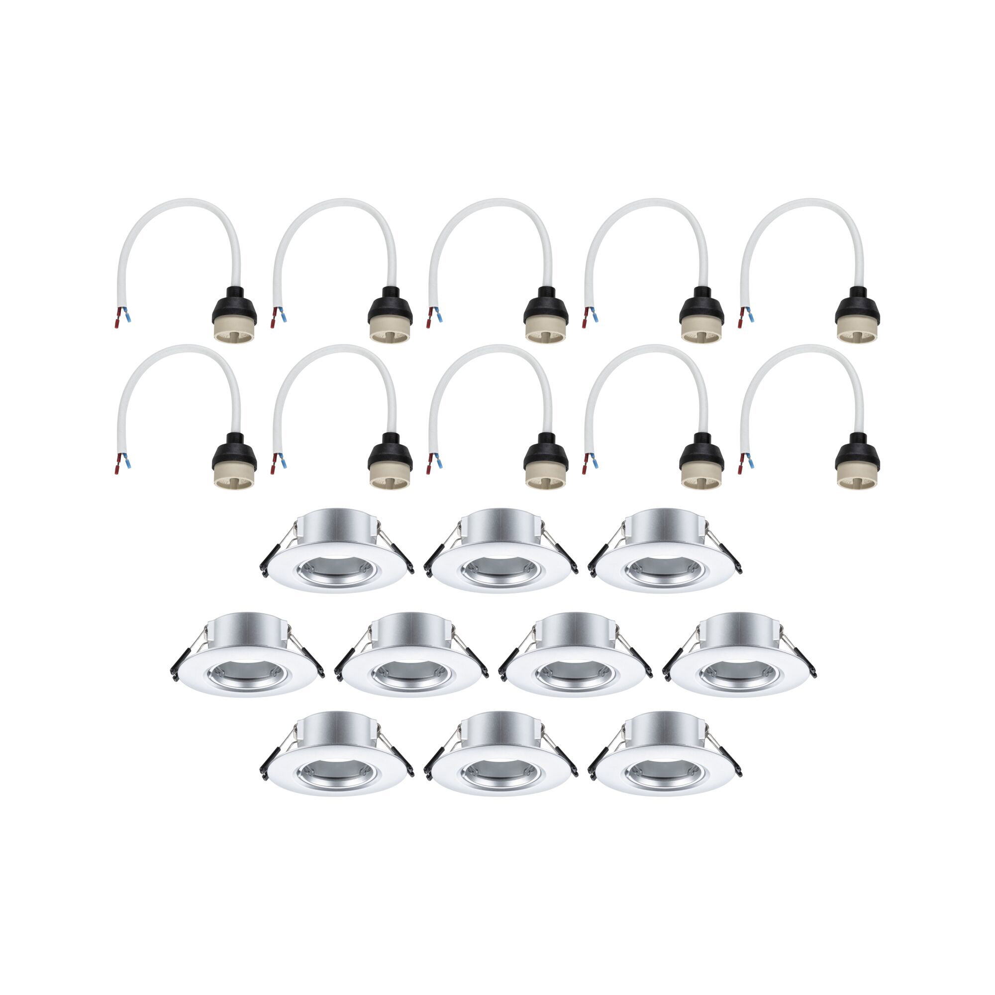 Twelve silver metal recessed spotlights with matching white cable connectors for LED lighting