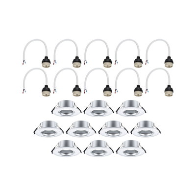 Twelve silver metal recessed spotlights with matching white cable connectors for LED lighting