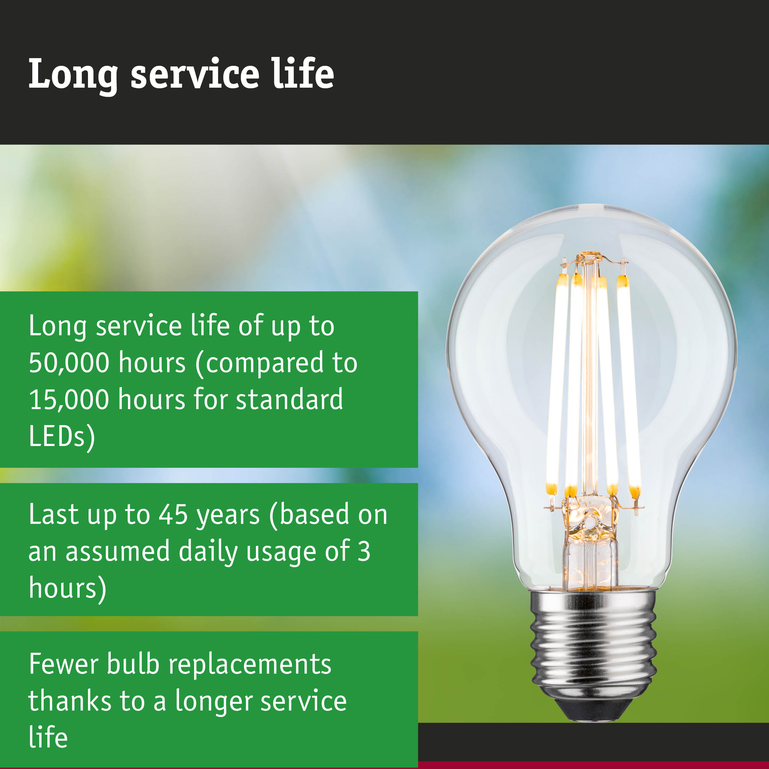 LED light bulb with 3.5 times longer service life than conventional lamps, energy-saving lighting solution