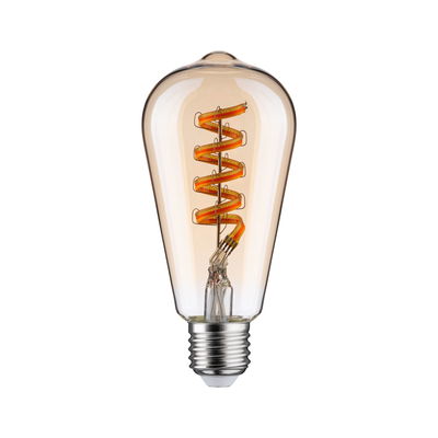 Vintage LED-Glühbirne mit spiralförmigem orangen Filament und transparentem Glasgehäuse
