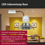 Witte LED-inbouwspot met metalen armatuur en verwisselbare LED-coin voor 230V aansluiting