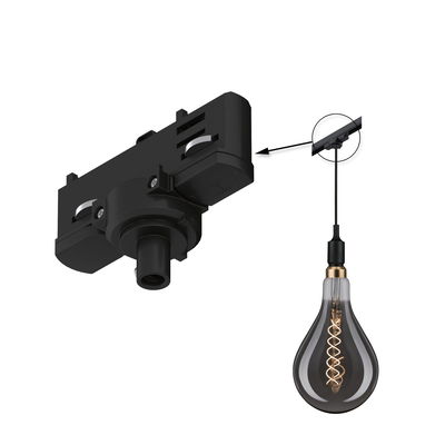 Black plastic track adapter with close-up of mounting on a pendant light fixture