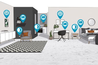 Illustration d’un salon et chambre modernes avec icônes bleues indiquant éclairage et décoration.