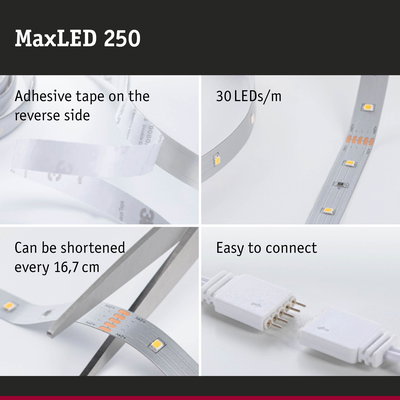 MaxLED 250 LED strip with 30 LEDs per meter, adhesive tape, cuttable every 16.7 cm, easy to connect