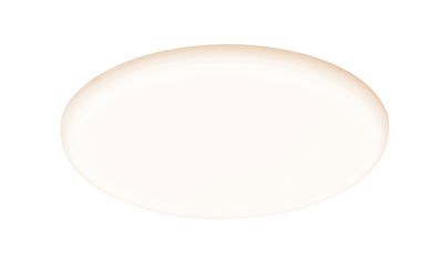 Round LED ceiling light with warm white glow and white plastic housing for living spaces.