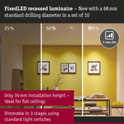FixedLED recessed luminaire with 68 mm drilling diameter, 3-step dimmable, perfect for flat ceilings