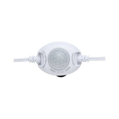 White plastic LED motion sensor with hexagonal lens and cable connection for light control