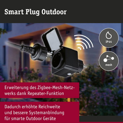 Schwarzer Smart Plug Outdoor mit IP44 Schutz und Zigbee-Mesh Repeater für erweiterte Reichweite im Garten