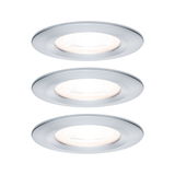 Three round recessed spotlights in brushed silver aluminum for modern LED lighting solutions.