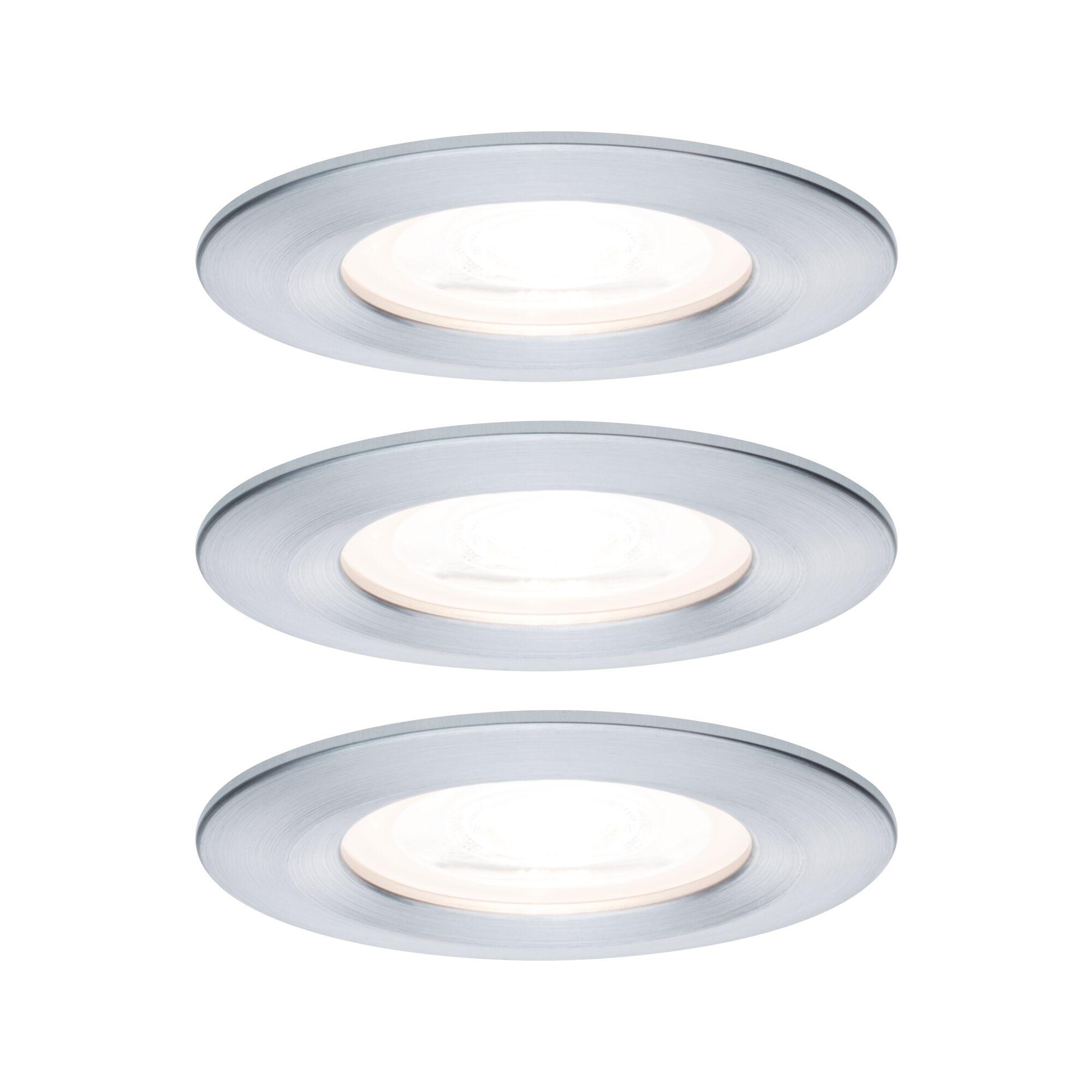 Oświetlenie wpuszczane LED Nova Zestaw podstawowy sztywny IP44 okrągły 78mm GU10 3x6,5W 3x460lm 230V 2700K tłoczone aluminium Three round recessed spotlights in brushed silver aluminum for modern LED lighting solutions.