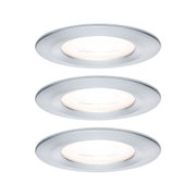 Three round recessed spotlights in brushed silver aluminum for modern LED lighting solutions.