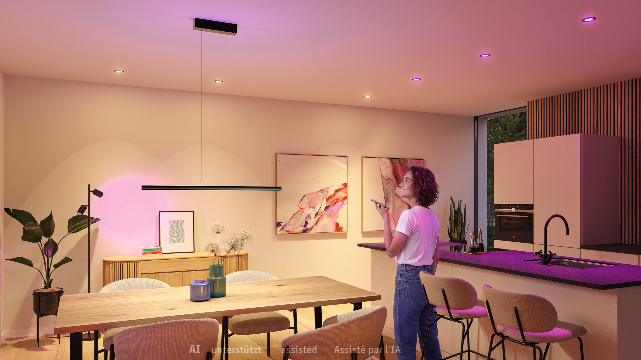 Cuisine avec commande d'éclairage intelligente et lumière d'ambiance chaleureuse