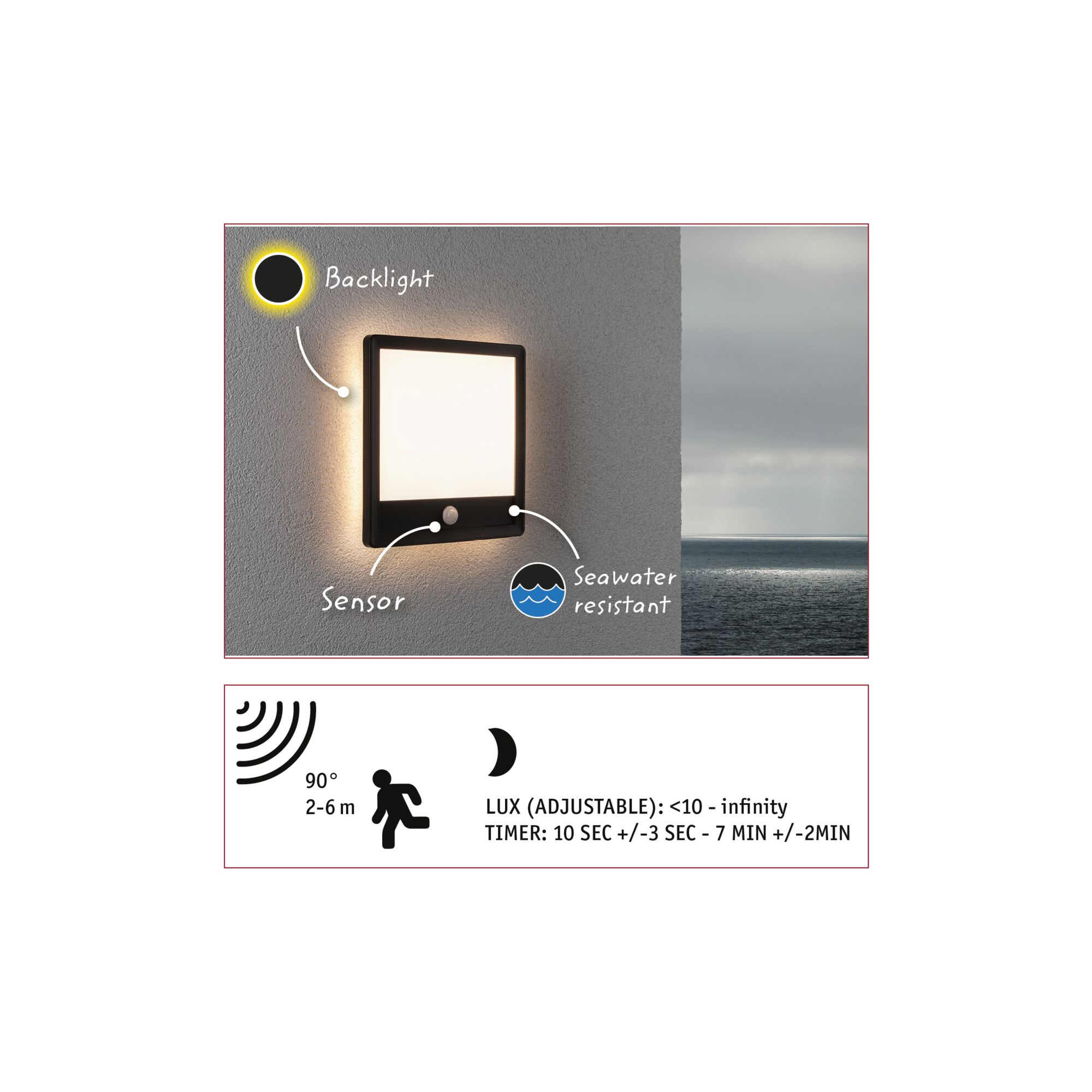 Schwarze LED-Wandleuchte mit Sensor und Hintergrundbeleuchtung, salzwasserbeständig für Außenbereiche.